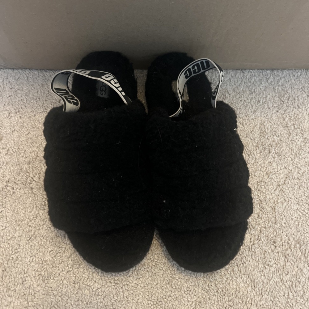 UGG WOMEN'S‎ FLUFF YEAH SLIPPER -OPEN TOE- BLACK– SIZE 9 US – USED Slingback